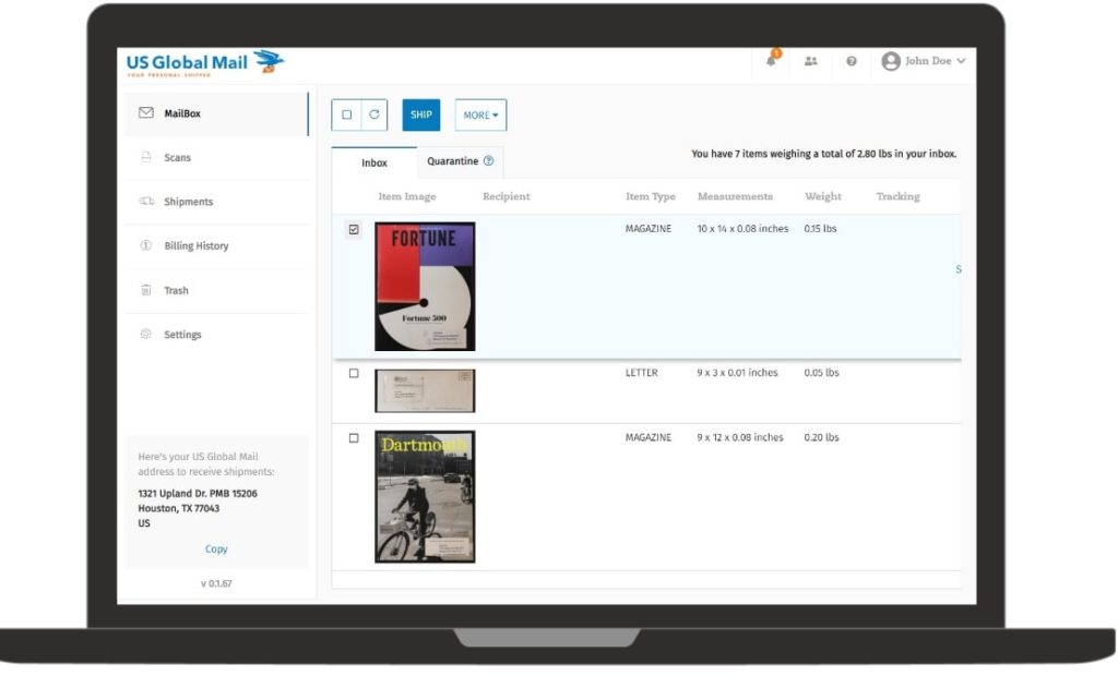This is how the US Global Mail's virtual mailbox looks like