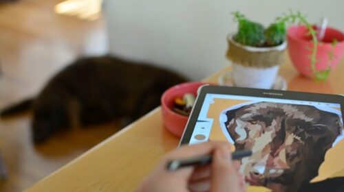 A woman’s hands drawing her dog on a digital tablet, representing an artist looking for the best websites for art commissions to boost their income.