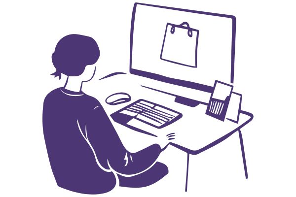 Illustration of a person sitting at a desk, setting up an online store on her computer, after learning how to create an ecommerce website.