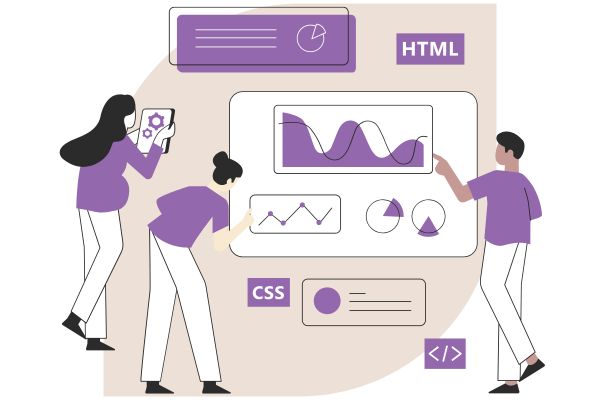 Illustration of three people learning how to improve core web vitals to boost Google rankings, including page speed, interactivity, visual stability, accessibility, and SEO implications.